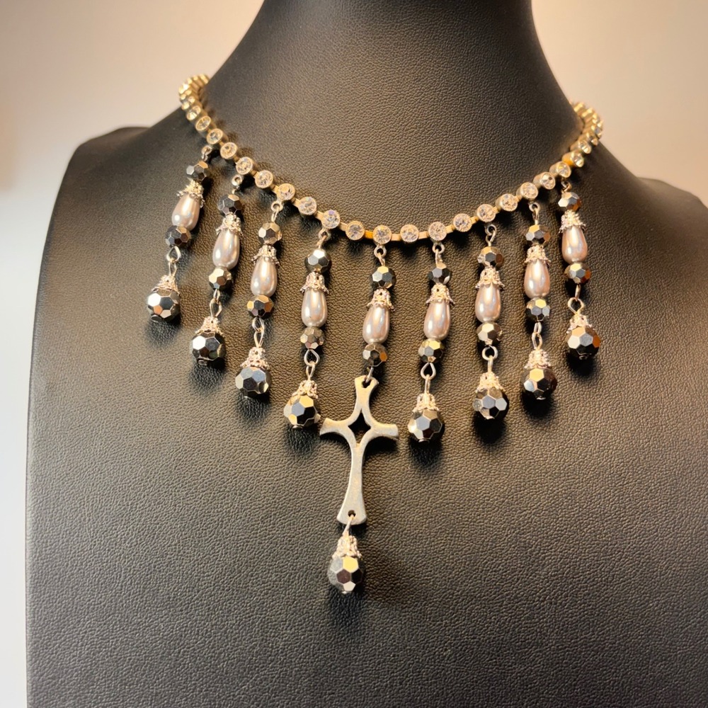Vintage Cross Fringe Necklace Silver Pearl Rhinestone Goth Whimsygoth Statement